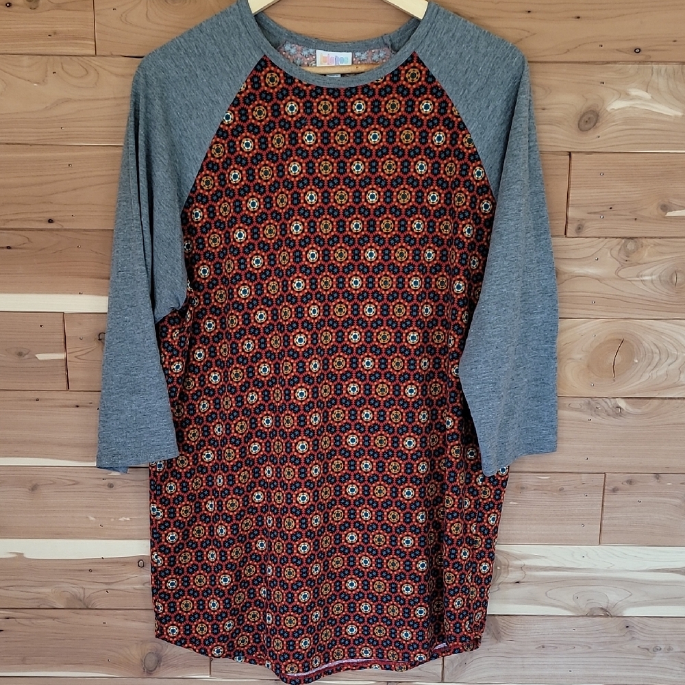 LuLaRoe Irma Patterned Top, Size XL, Gray, Red, Orange, Teal, Black
